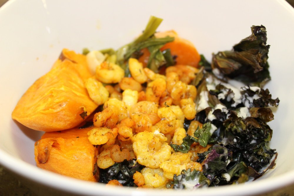 autoimmune protocol paleo whole 30 one pot pan meal dinner fast easy sweet potato kale coconut milk maple syrup green onions curry curried seafood
