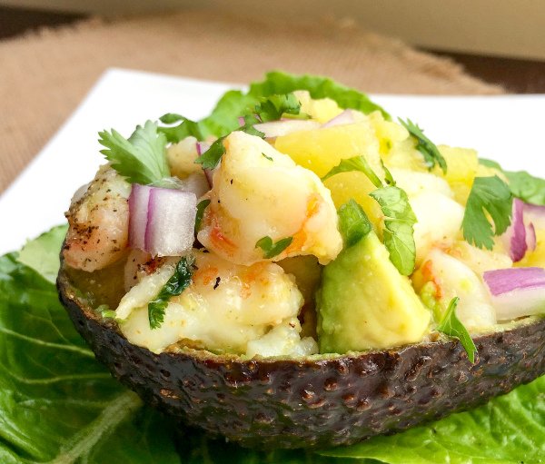 paleo pineapple-shrimp stuffed avocados
